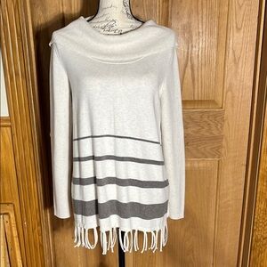 Zenergy Cotton Cashmere Sweater White and Gray Stripe Cowl Neck Fringe